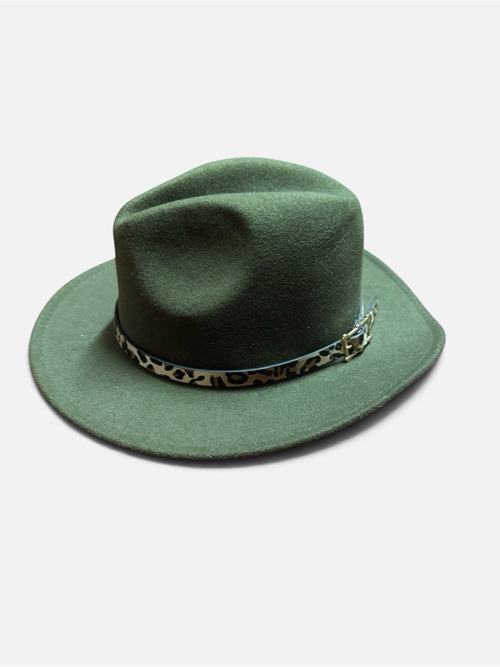 Classic Green Felt Fedora Hat with Leopard Accent Belt